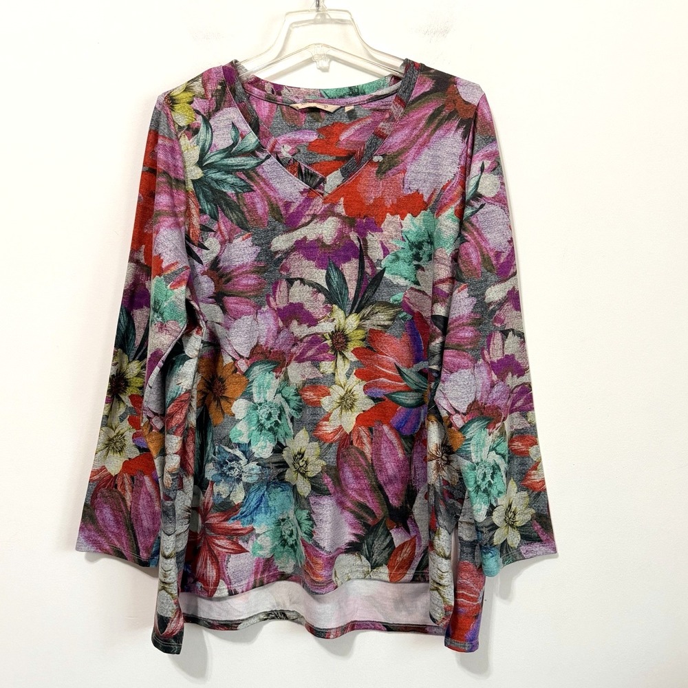 Soft Surroundings First Bloom Tunic Top 1X Knit Stretch V Neck Tropical SFL99